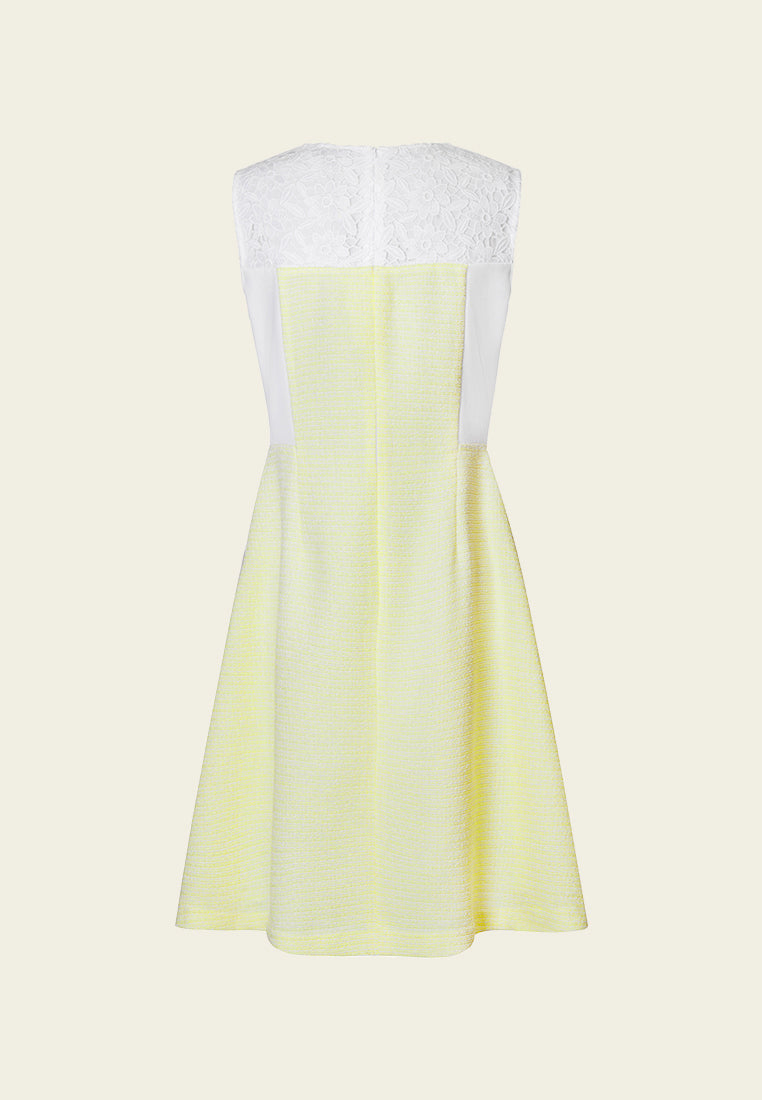 Yellow Lace Sleeveless Tweed Dress