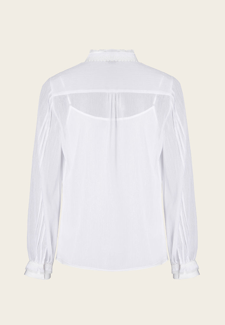 Pleat-detailing White Sheer Long Sleeve Shirt - MOISELLE