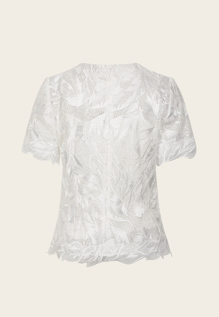 White Jacquard Lace Short Sleeve Shirt - MOISELLE