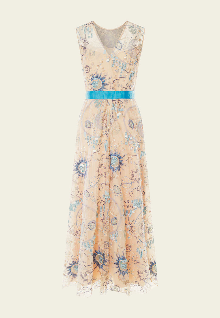 Beige Embroidered Sleeveless with Blue Ribbon Dress - MOISELLE