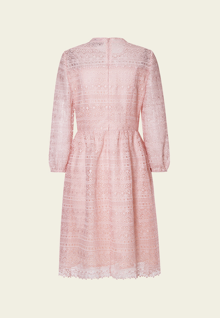 Pink Stand Collar Lace Dress
