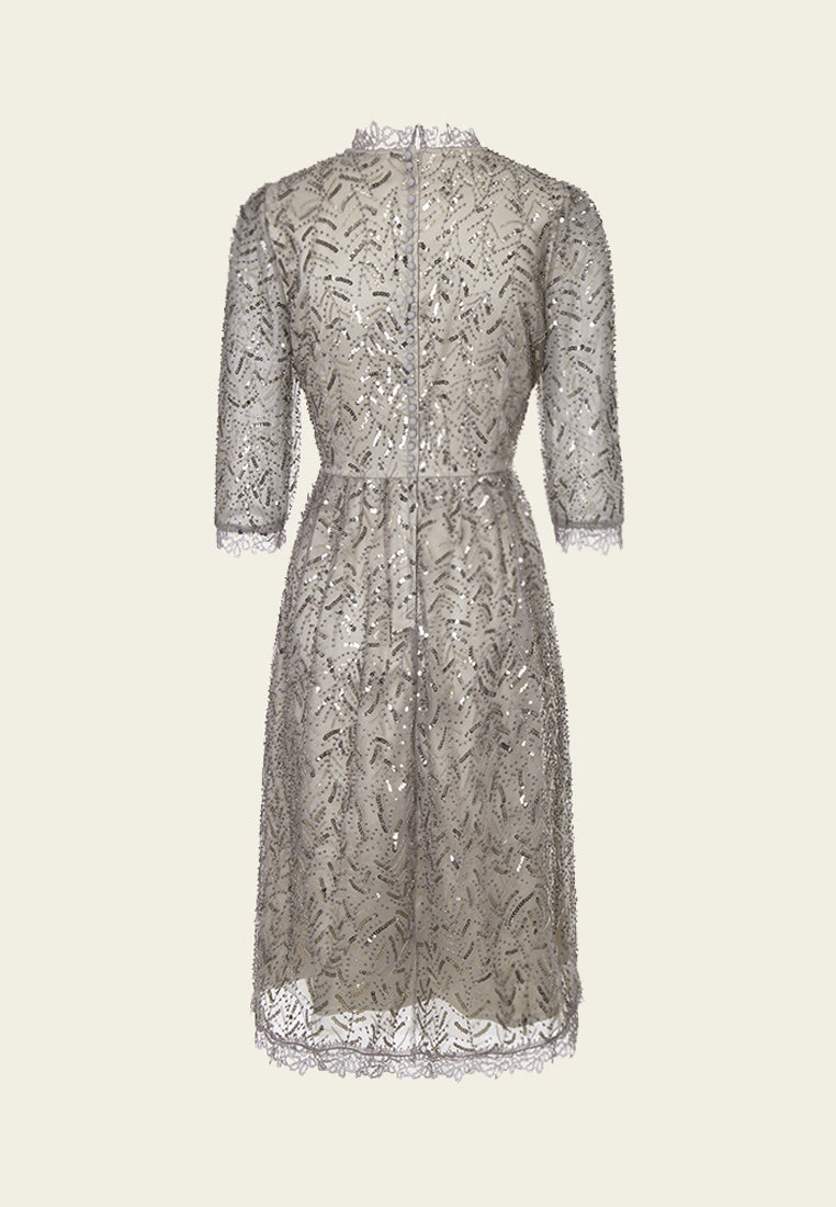 Grey Embroidered Mesh Mid-sleeved Midi Dress