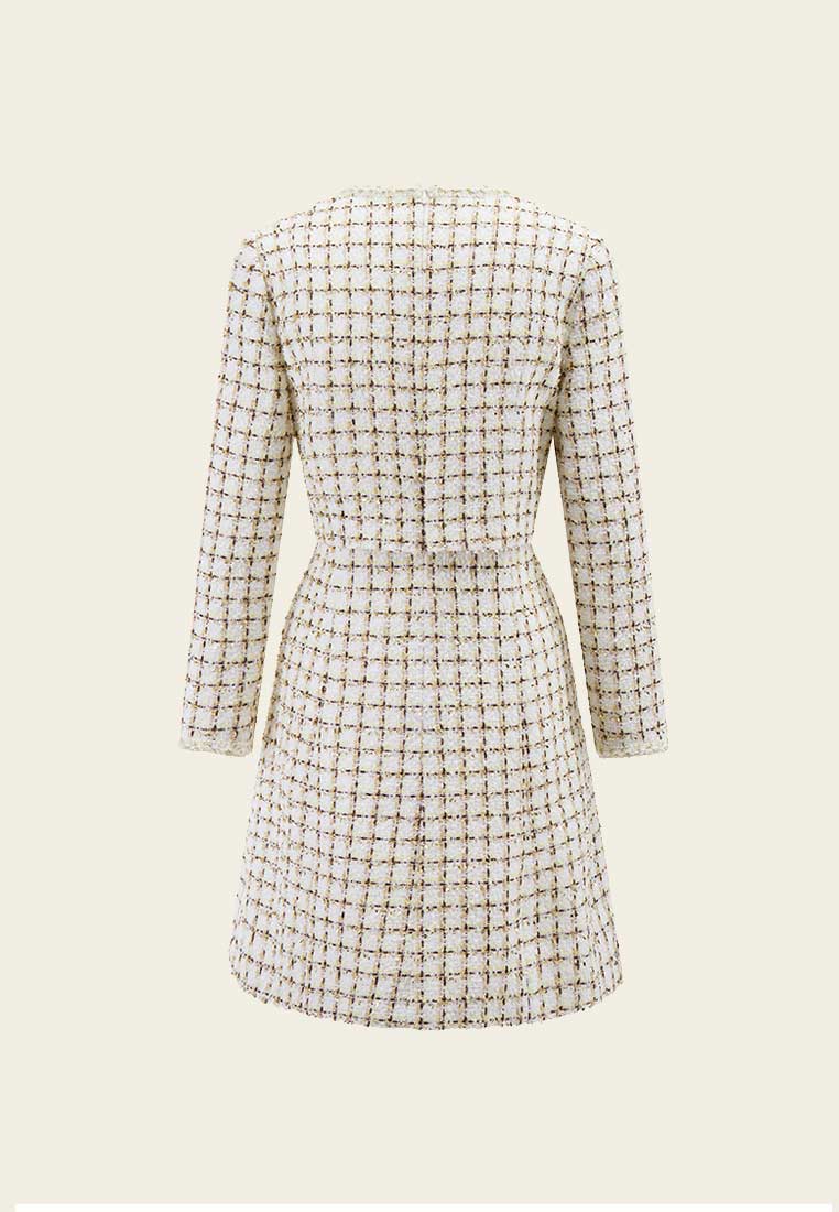 Beige Checked Fake Two Piece Tweed Dress - MOISELLE