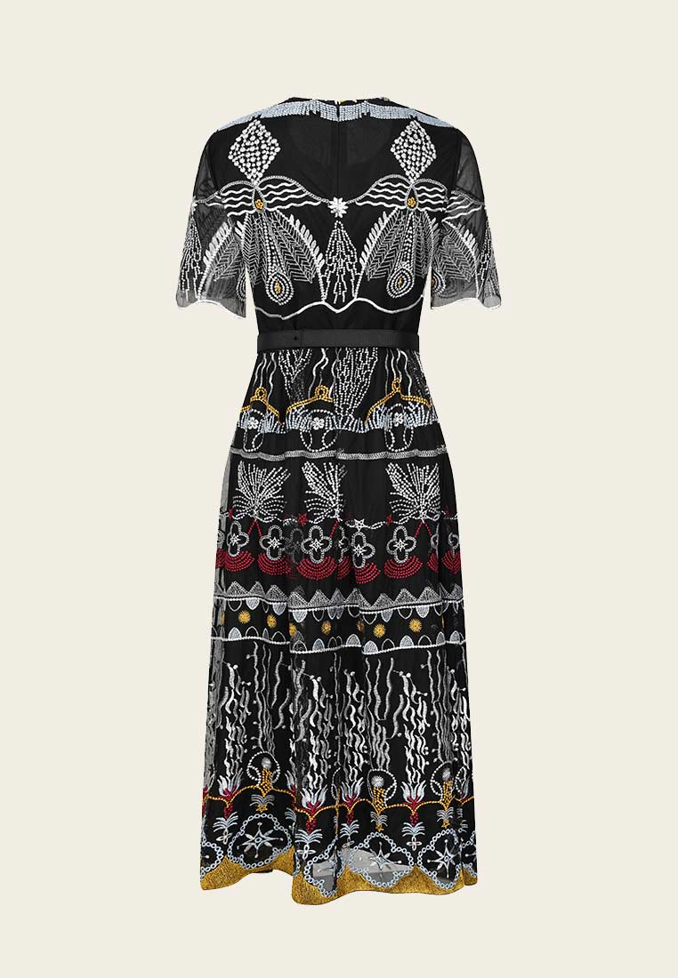 Vintage 80's Tribal Pattern Black Short Sleeve Dress - MOISELLE