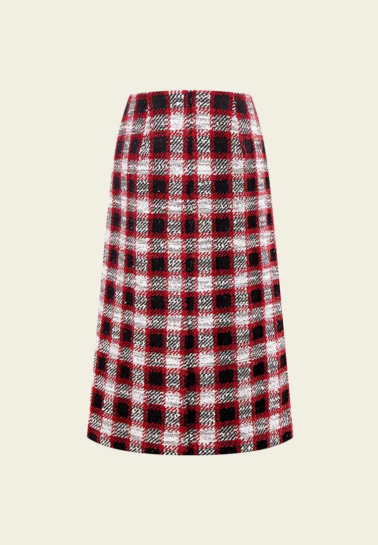 Red Plaid Tweed Midi Skirt - MOISELLE