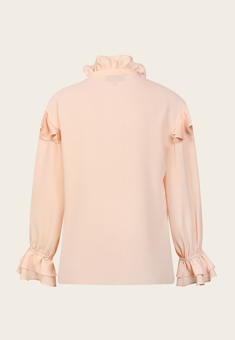 Ruffled Bow-Fastening Button Up Salmon Chiffon Top - MOISELLE
