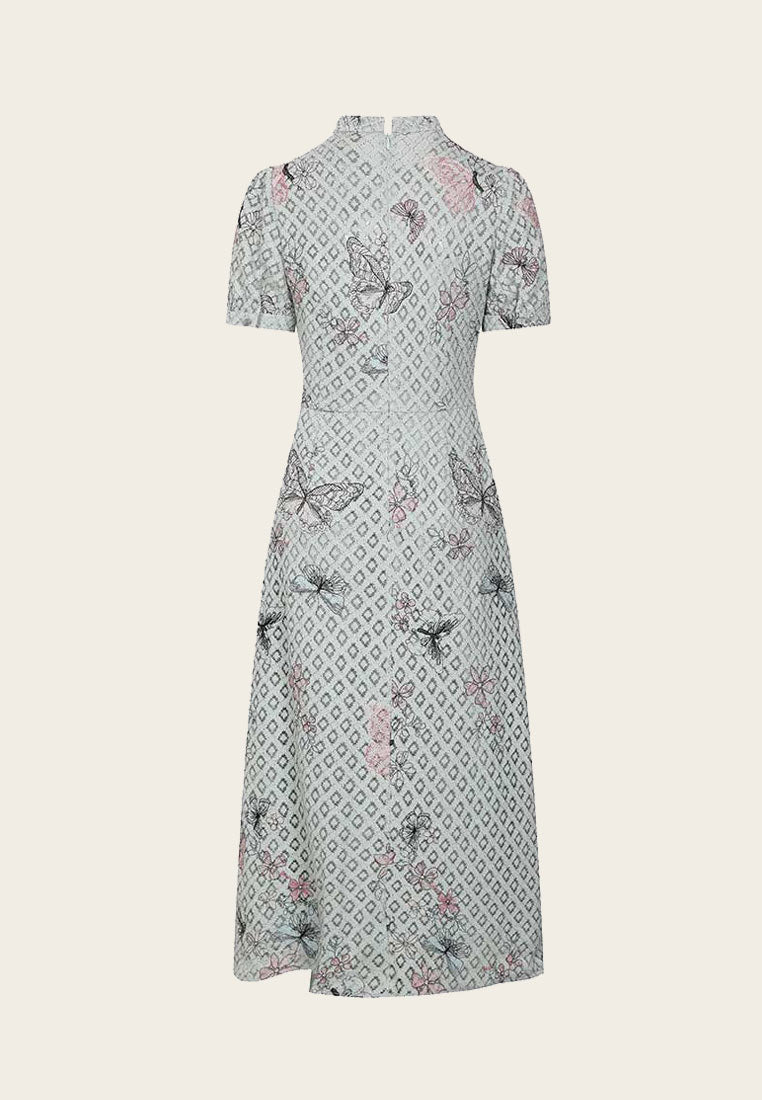 Full-Embroidered Stand Collar Short Sleeve Light Blue Lace Dress - MOISELLE