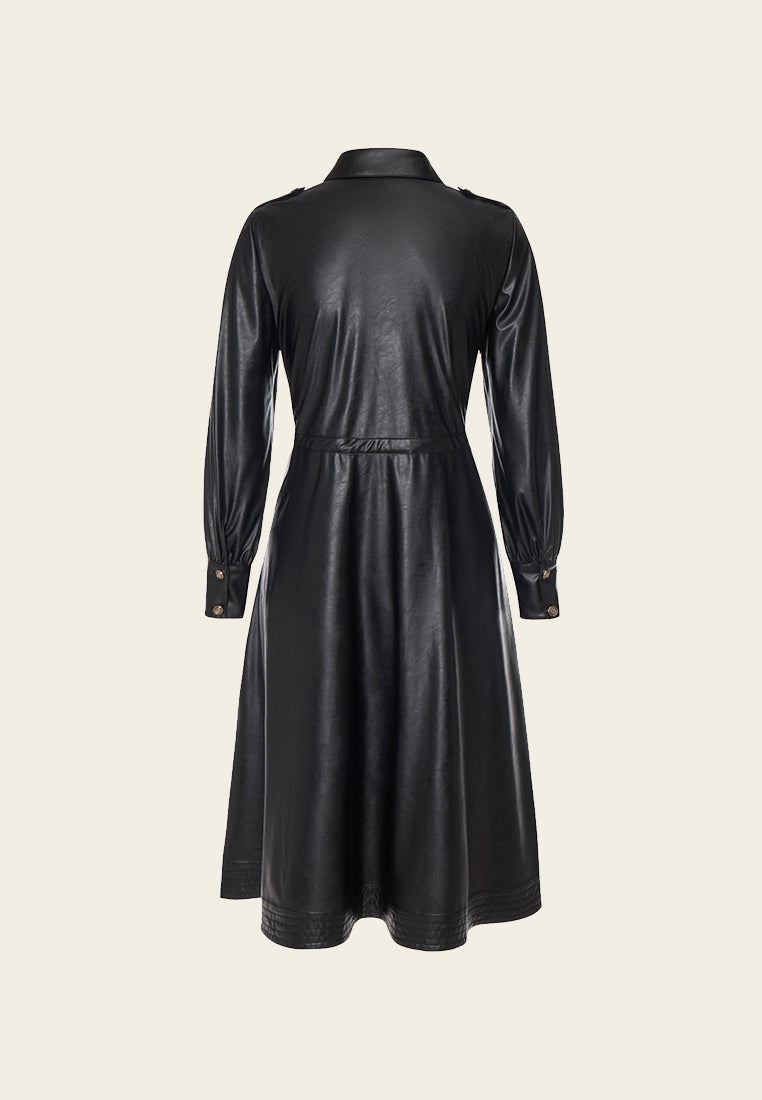 Black Vegan Leather Shirt Dress - MOISELLE