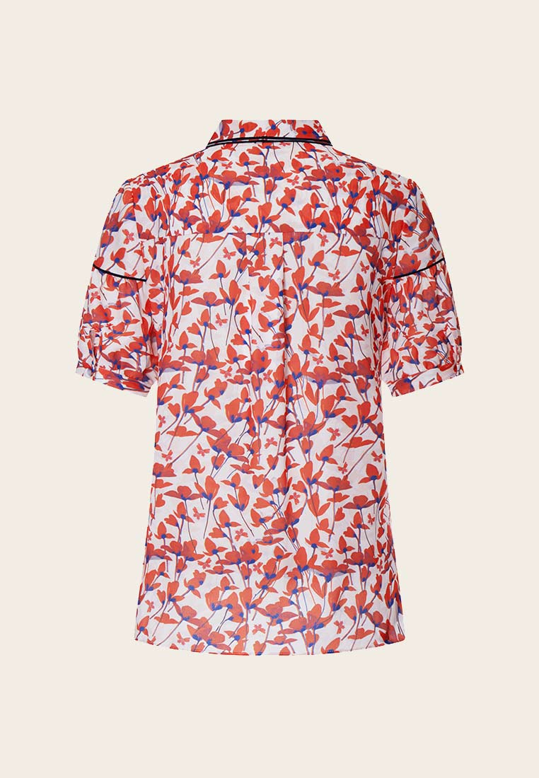 Pussy-bow Puff Sleeve Floral Pattern Mid-sleeve Blouse - MOISELLE