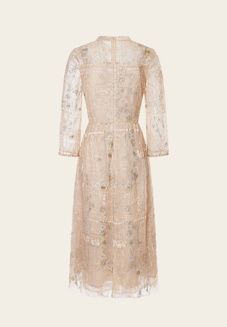 Beige Embroidered Sequin-detailing Mesh Dinner Dress - MOISELLE