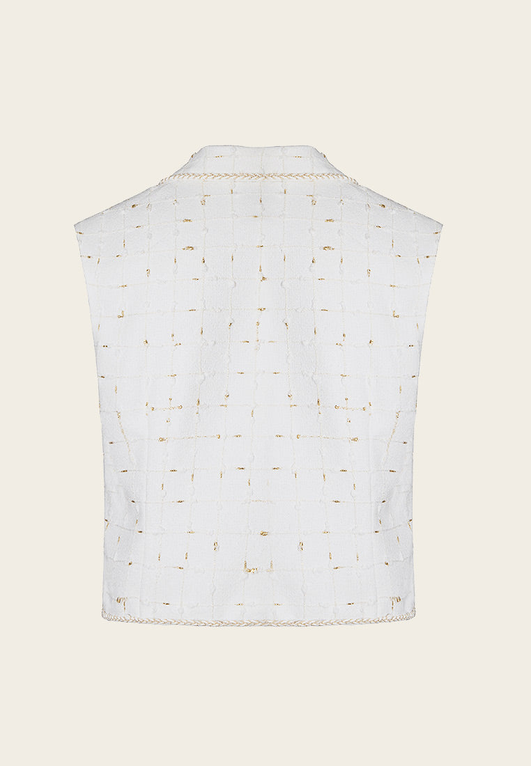 White and Gold Sleeveless Lapel Crop Vest - MOISELLE