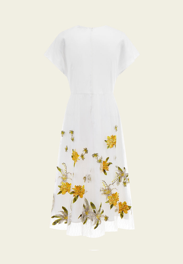 White Floral Embroidered Mesh Cap-sleeves Dress