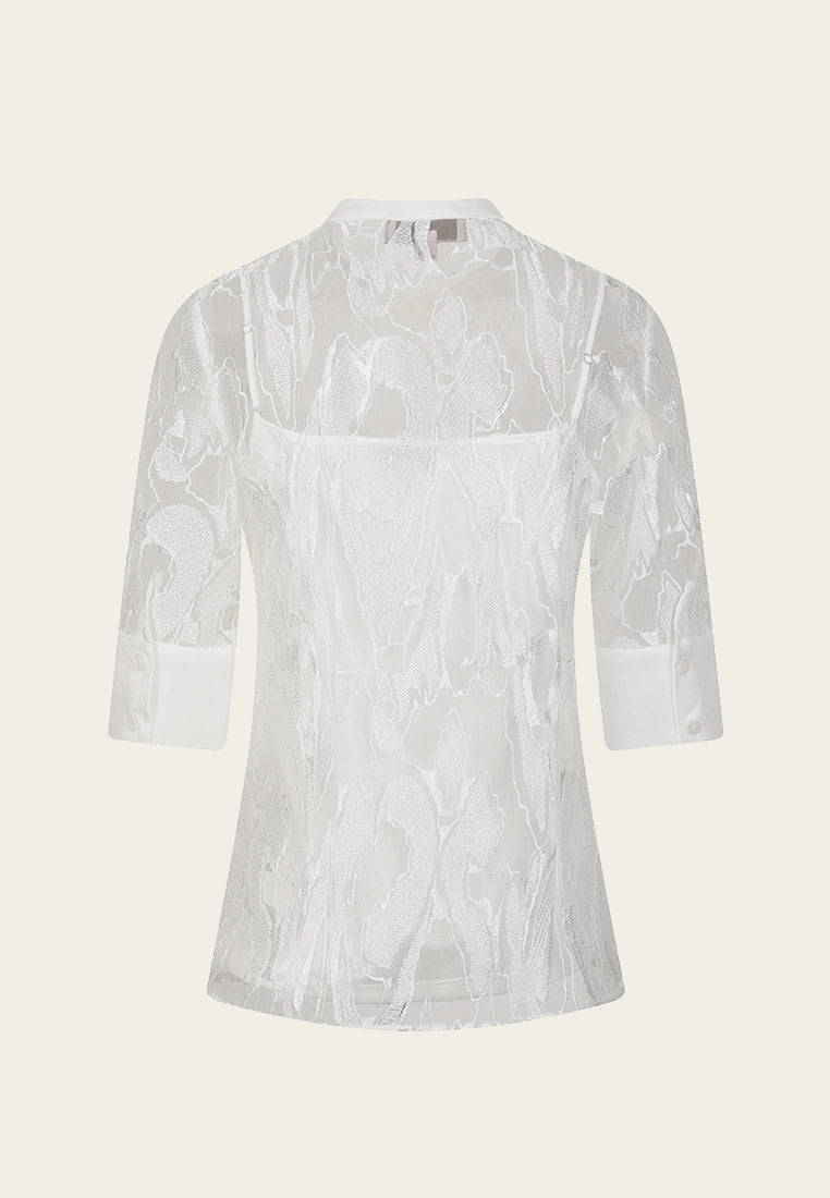 White Jacquard Lace Mid Sleeve See-through Shirt - MOISELLE