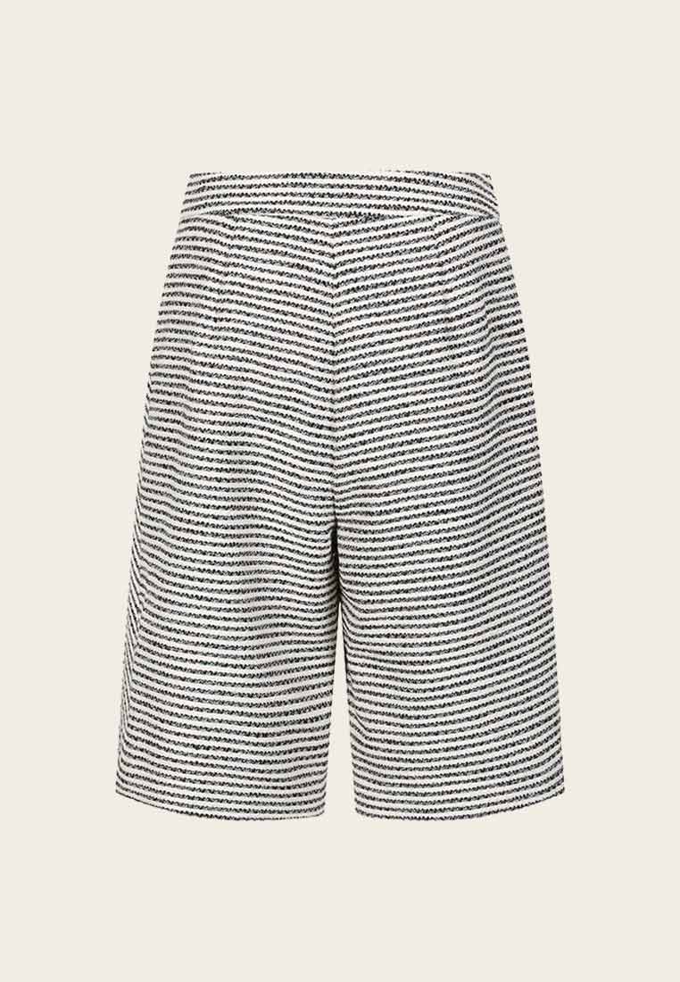 Black and White Stripe High-waisted Tweed Knee-length Shorts - MOISELLE