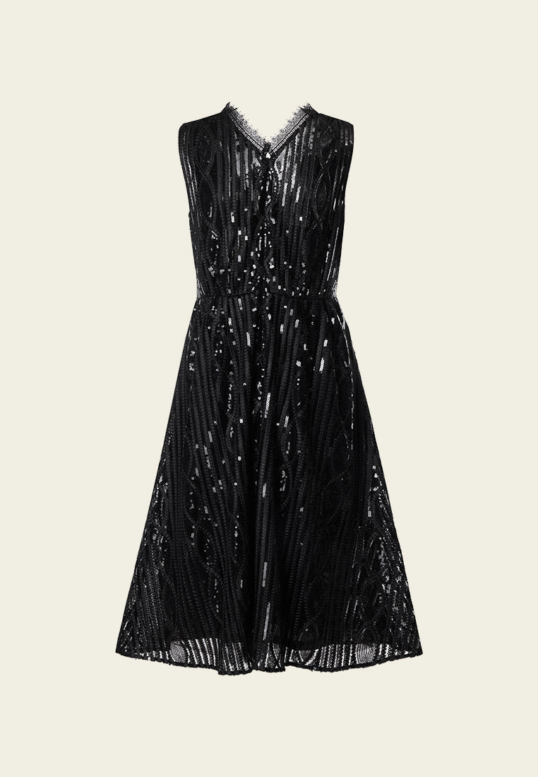 MOISELLE Black Sequin V-neck Sleeveless Cocktail Dress