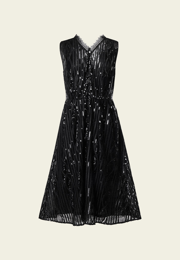 Black Sequin V-neck Sleeveless Cocktail Dress
