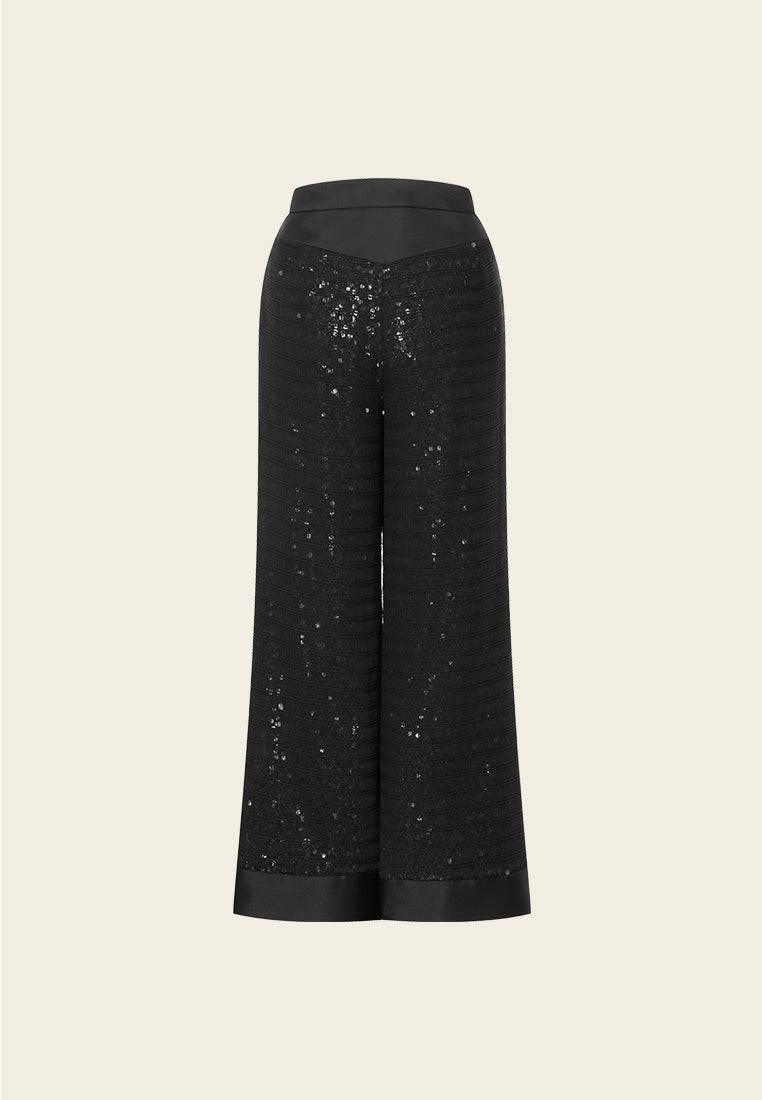 Black Sequin Wide-leg Trousers - MOISELLE