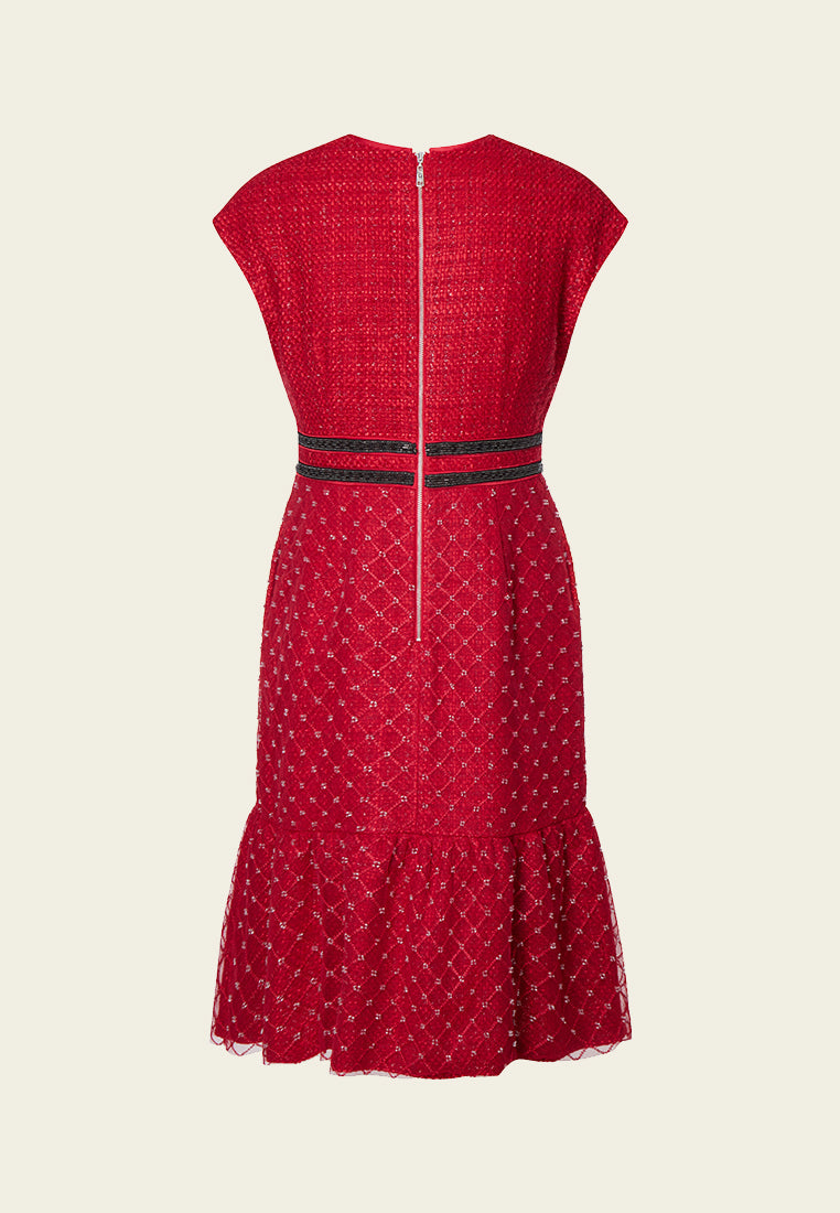 Red Cap-sleeved Embroidered Mesh Tweed Dress - MOISELLE