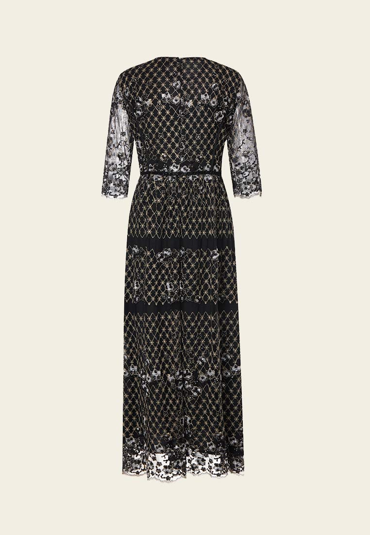 Black Embroidered Lace Evening Dress - MOISELLE