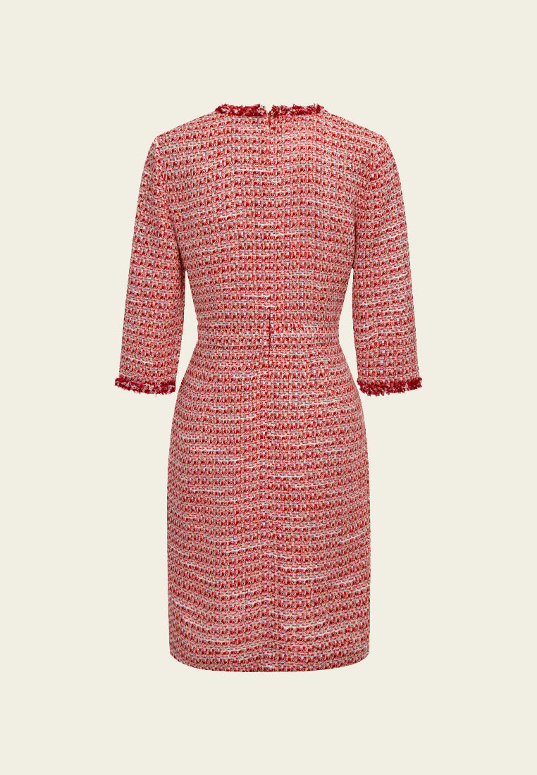 Signature Red V-neck Tweed Midi Dress - MOISELLE