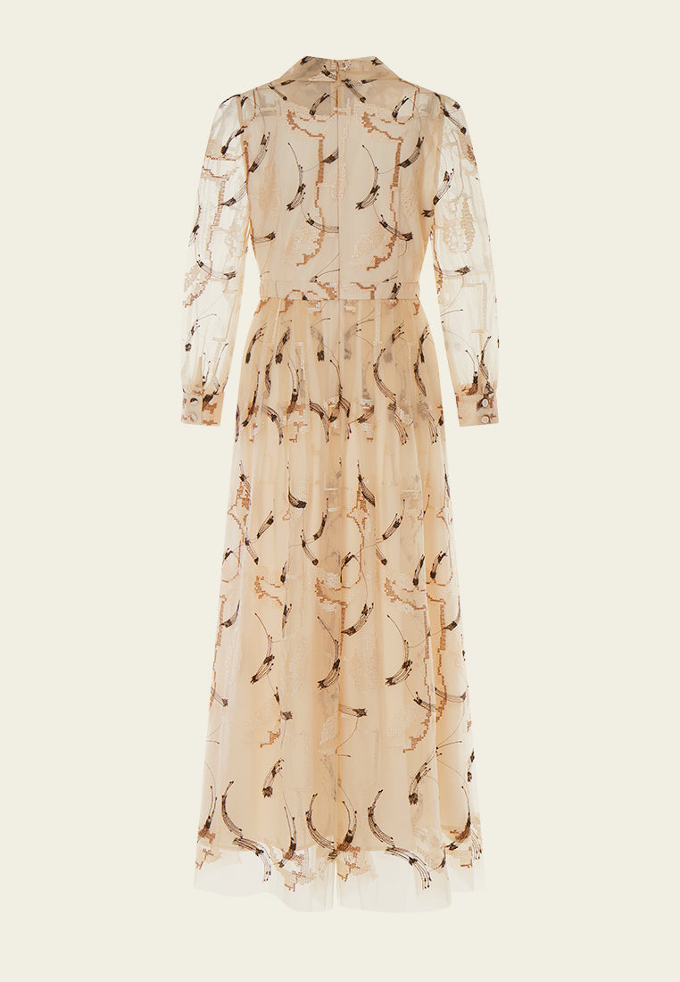 Beige Embroidered Collar Mesh Dress - MOISELLE