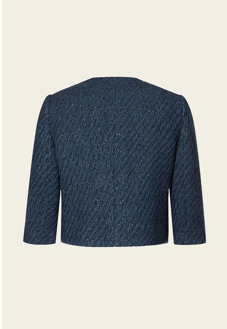 Dark Blue Rhinestone Lurex Tweed Cropped Jacket - MOISELLE