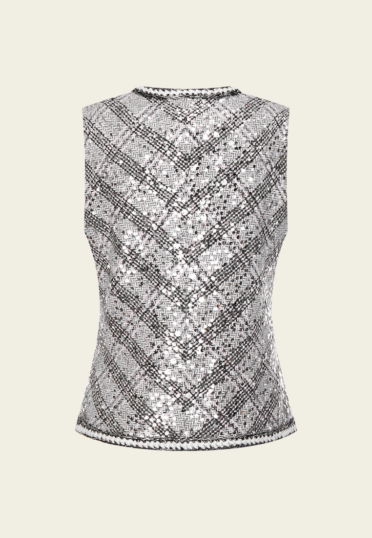 Argyle Plaid Sequin Tweed Vest - MOISELLE