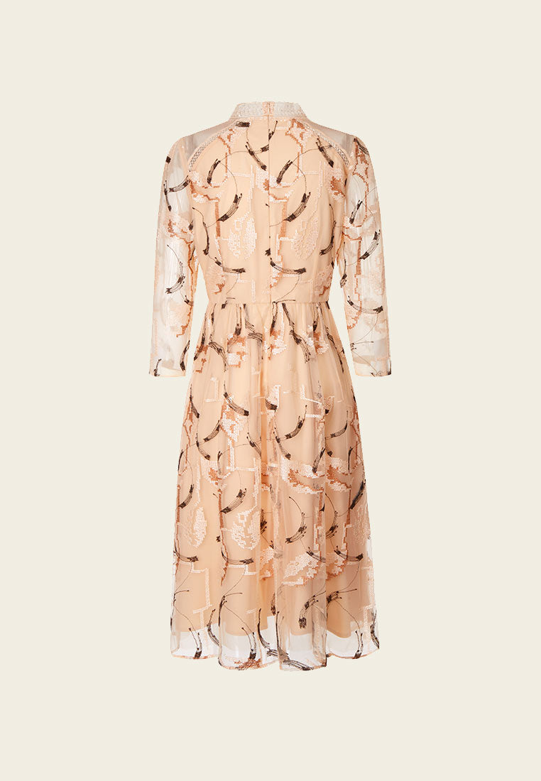 Beige Embroidered Long-sleeved Cocktail Dress - MOISELLE
