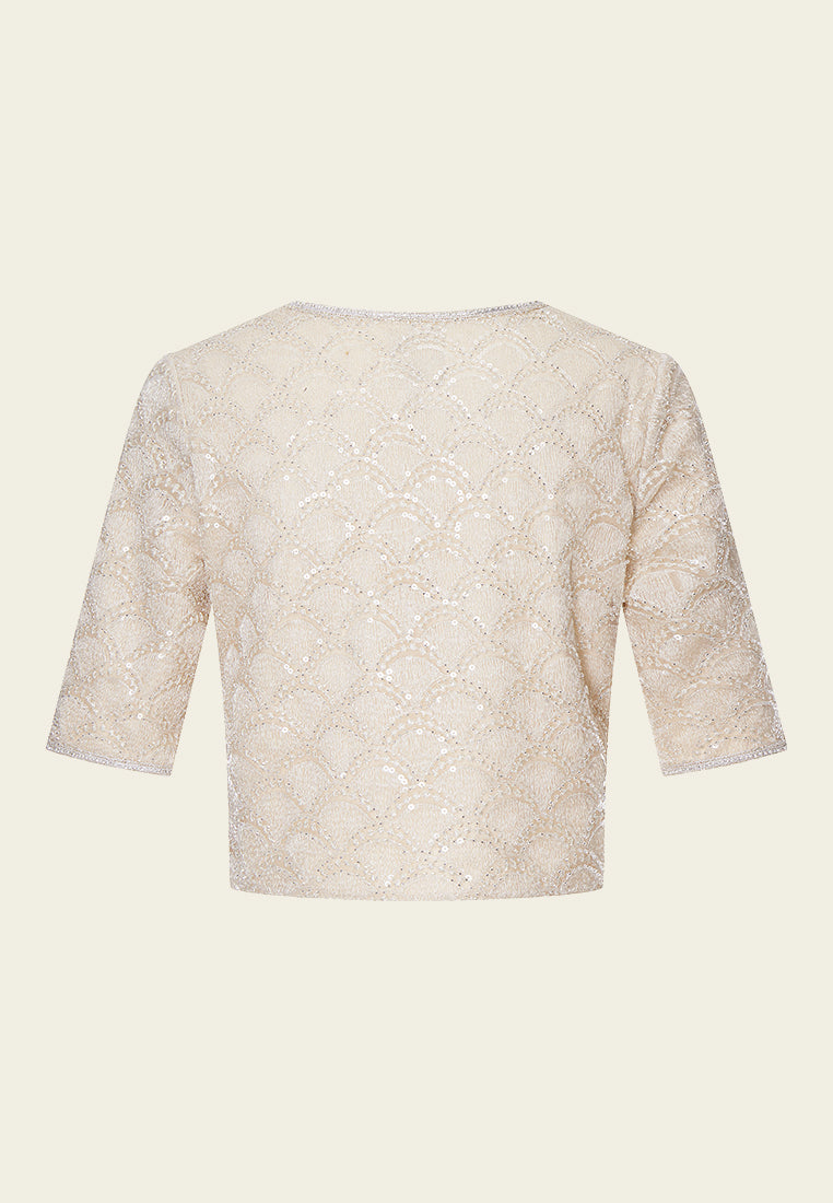 Beige Embroidered Mesh Mid-sleeves Crop Jacket - MOISELLE