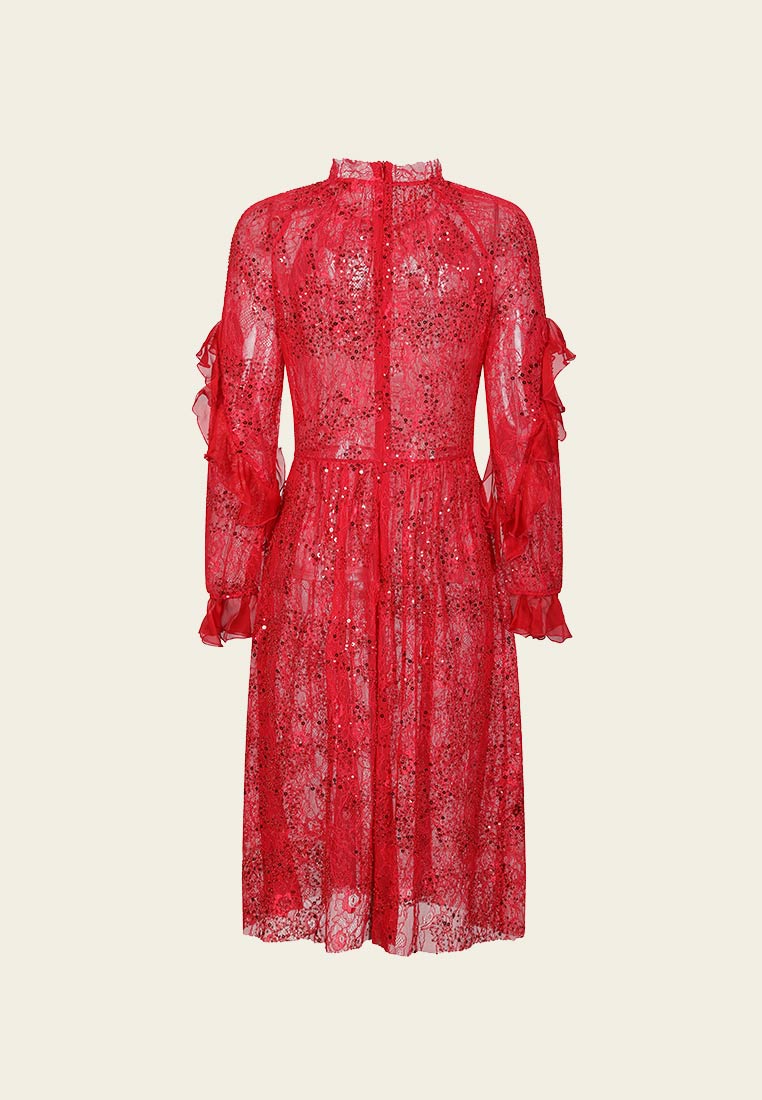 Red Floral-embellished Long-sleeves Evening Dress - MOISELLE