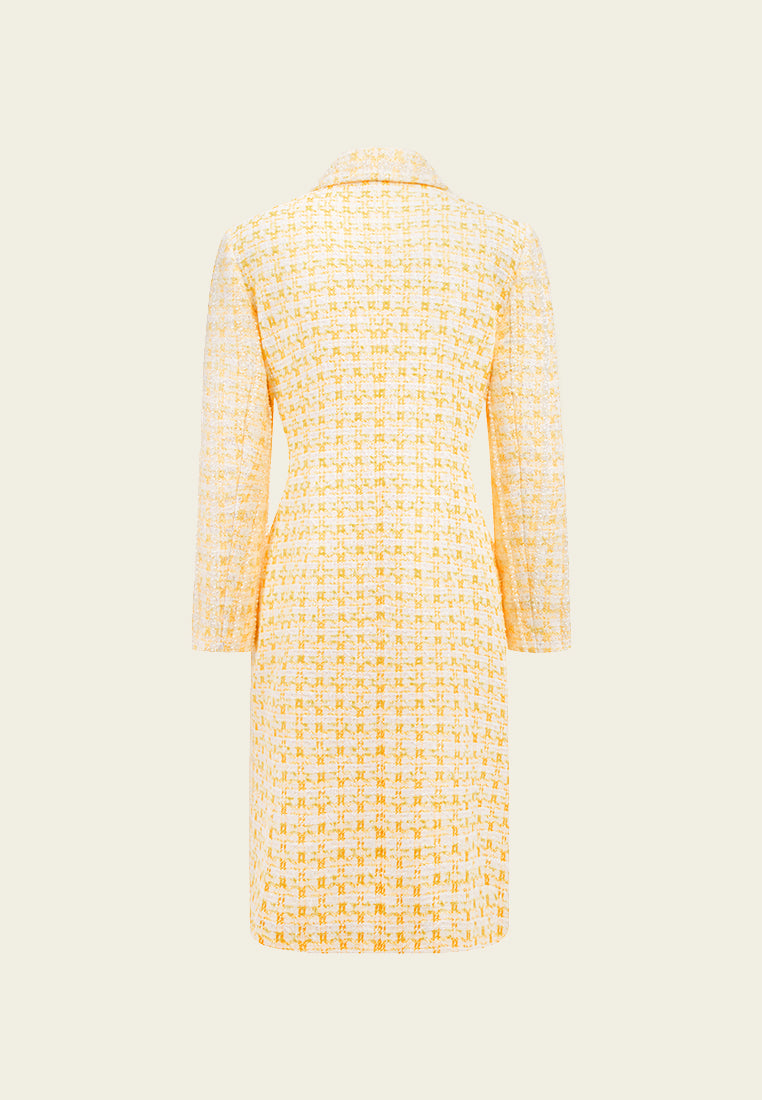 Yellow Plaid Tweed Lapel Long Coat - MOISELLE