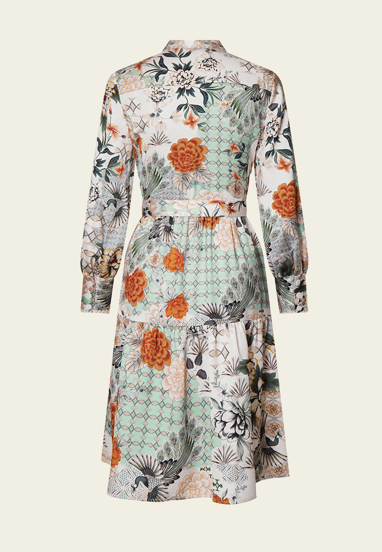 Floral Print Stand Collar Shirt Dress - MOISELLE