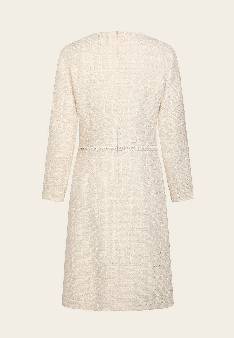 Light Cream Embellished Tweed Dress - MOISELLE