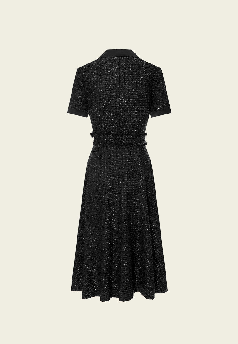 Belt-detail Black Tweed Lapel Dress - MOISELLE