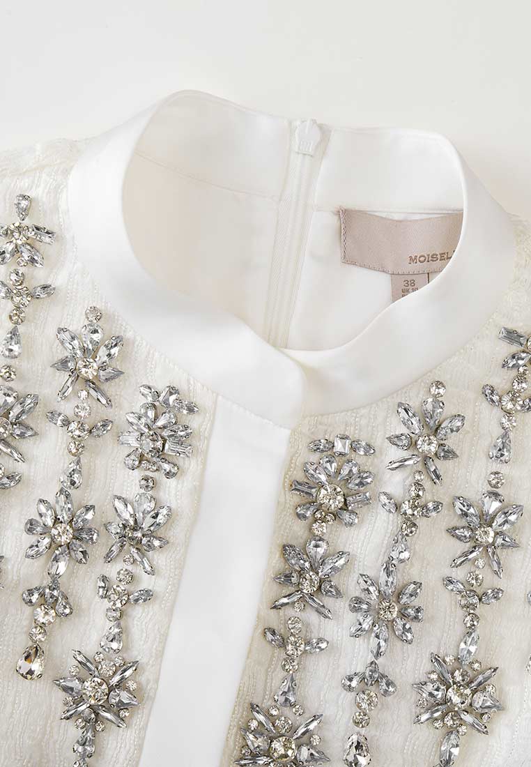White Rhinestone Long-sleeved Evening Dress - MOISELLE