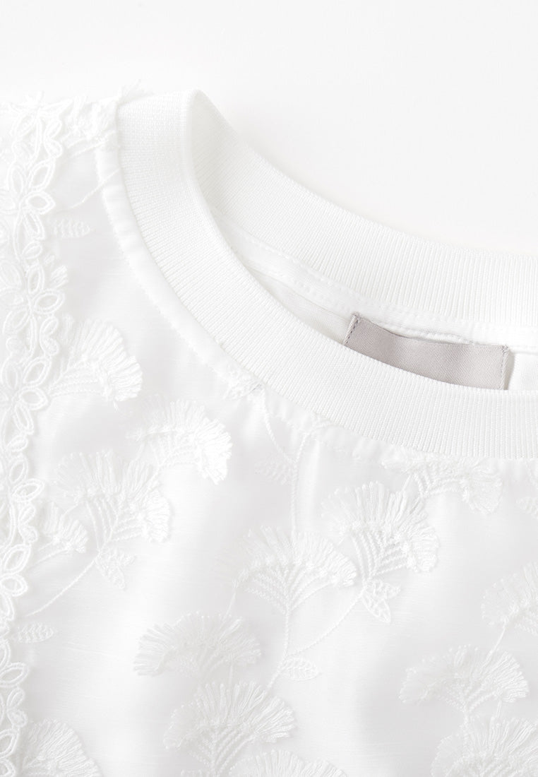 White Embroidered Crewneck Top - MOISELLE
