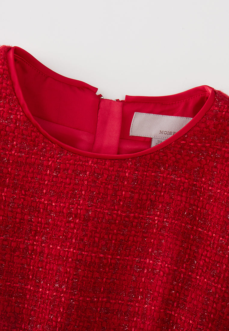 Red Cap-sleeved Embroidered Mesh Tweed Dress - MOISELLE