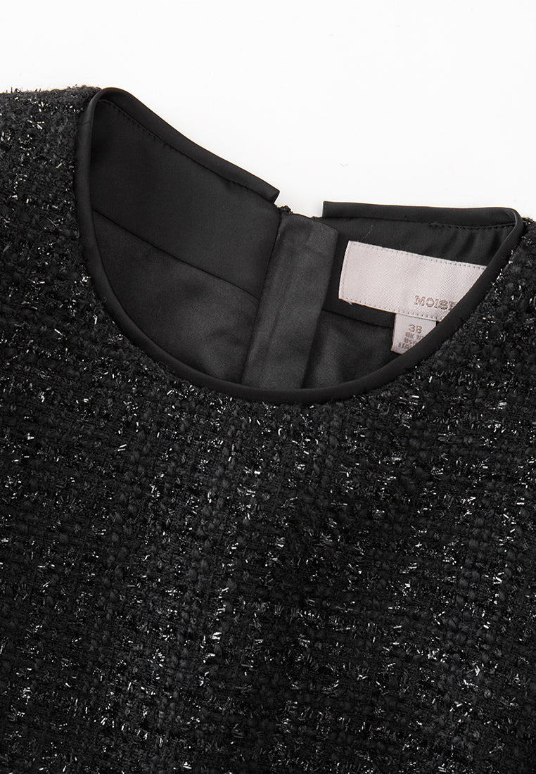 Black Cap-sleeved Embroidered Mesh Tweed Dress - MOISELLE
