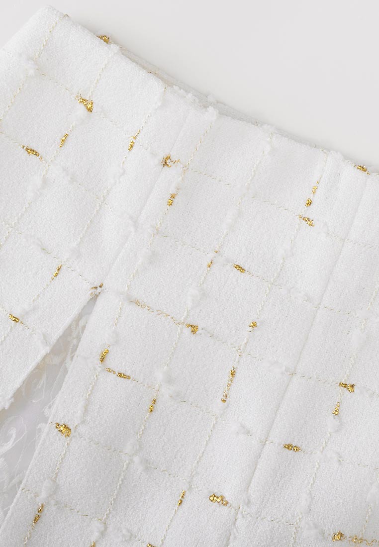 Golden Detail White Tweed Shorts - MOISELLE