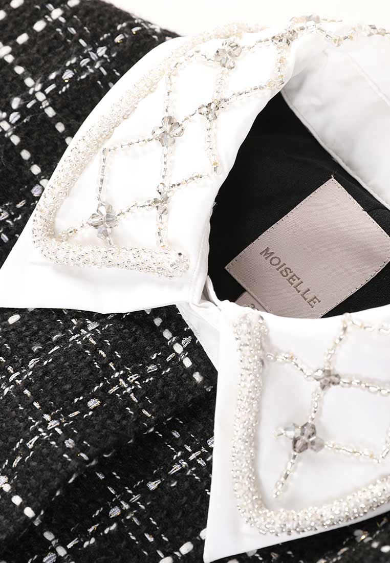 Beaded White Lapel Black Tweed Dress - MOISELLE