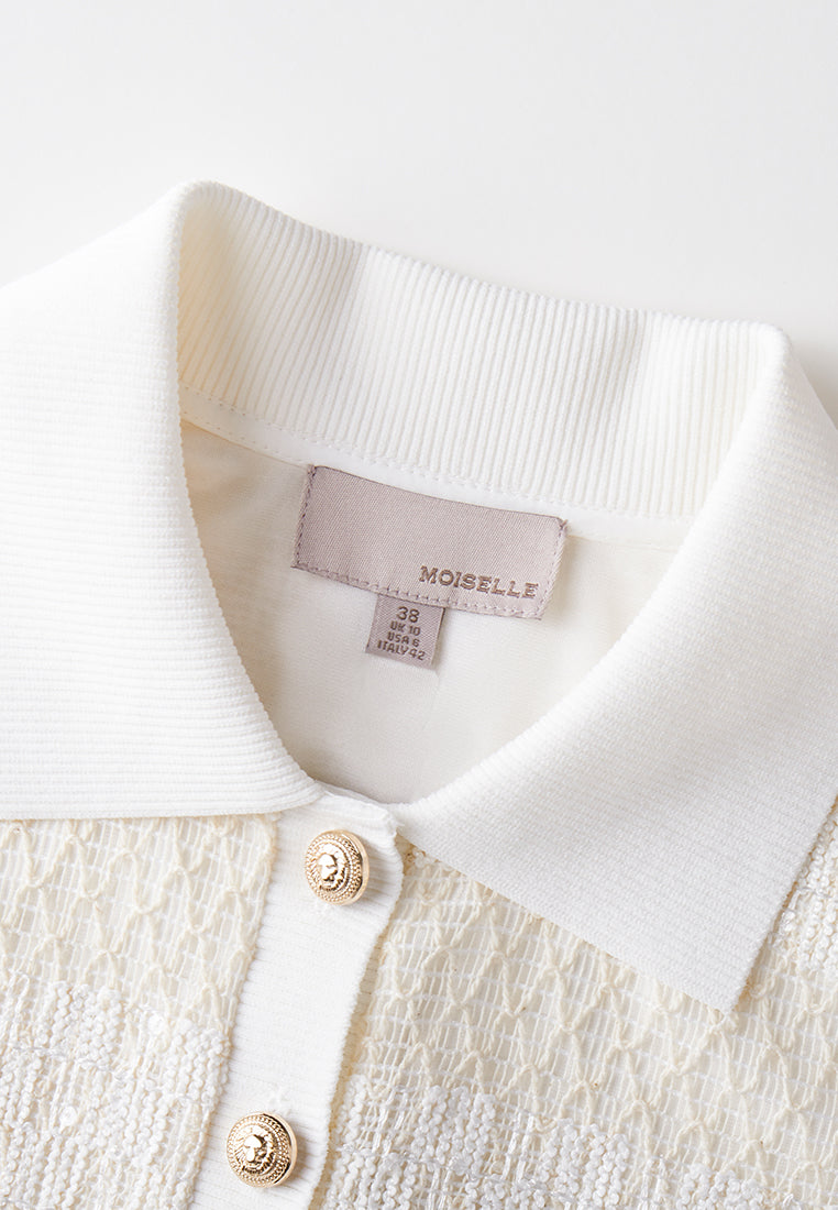 White Knit Pattern Polo Shirt