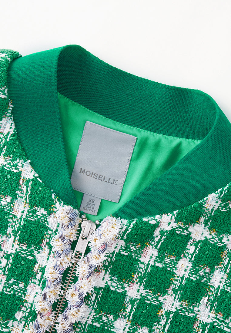 MOISELLE Emerald Green Check Tweed Bomber Jacket
