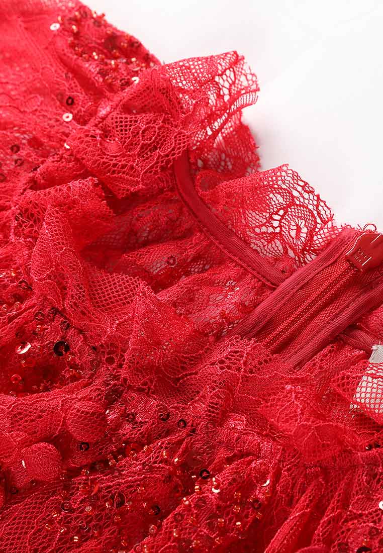 Red Floral-embellished Long-sleeves Evening Dress - MOISELLE