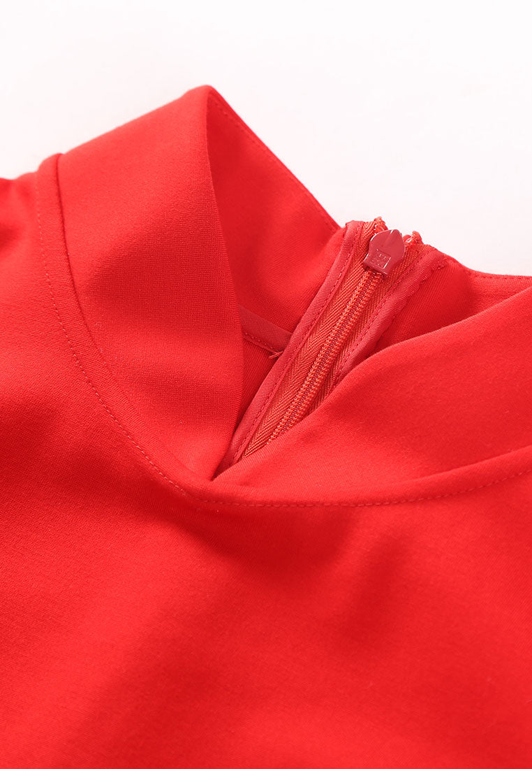 Red Mandarin Collar Cap Sleeve Top - MOISELLE