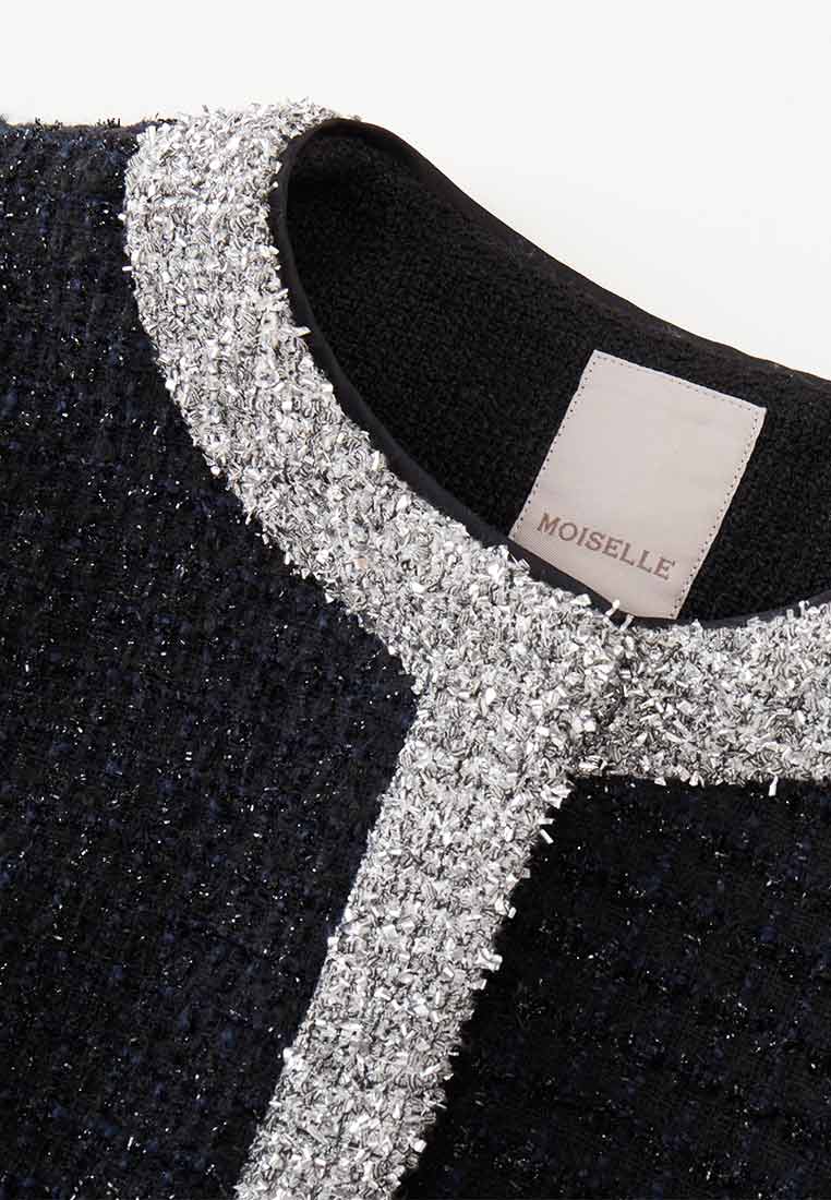 Black and Silver Detailing Tweed Jacket - MOISELLE