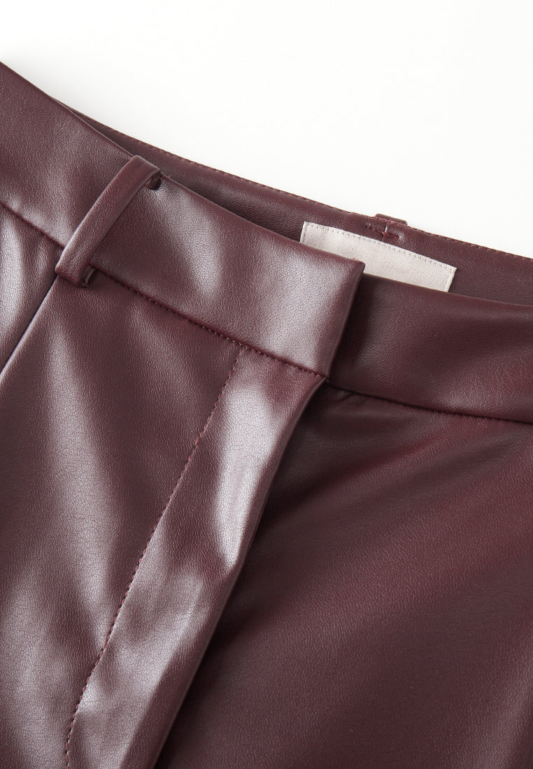 Dark Red Vegan Leather Wide Leg Pants - MOISELLE