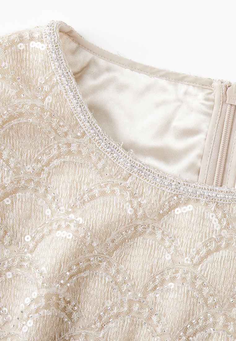 Beige Embroidered Mesh Sleeveless Dress - MOISELLE