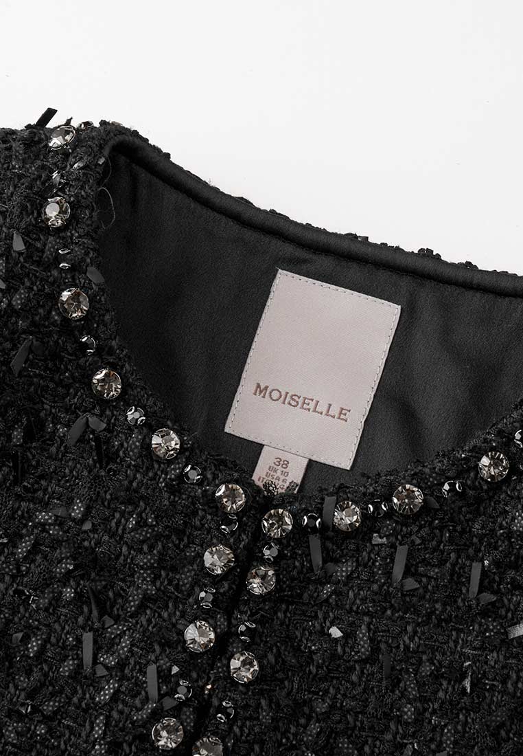 Black Rhinestone Embellished Tweed Cape - MOISELLE