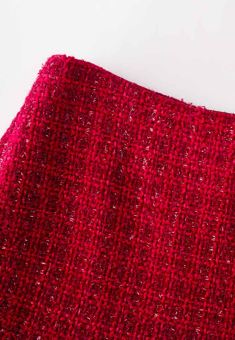 Red Golden Chain-detail Tweed Skirt - MOISELLE