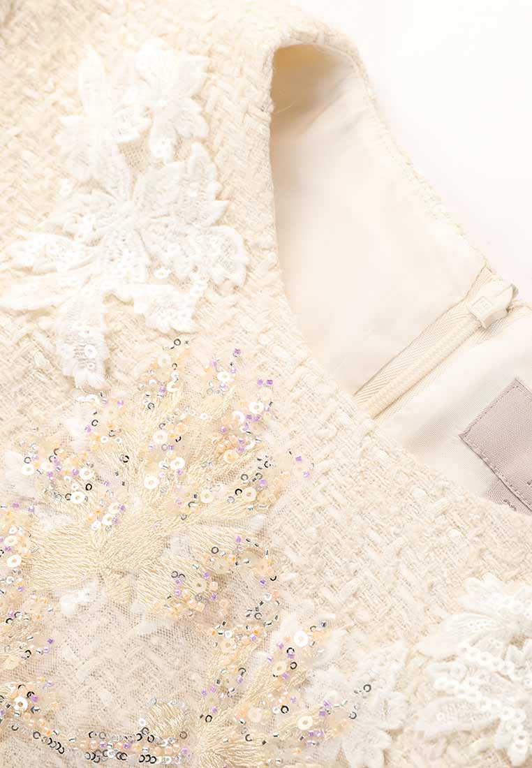 Light Cream Embellished Tweed Dress - MOISELLE